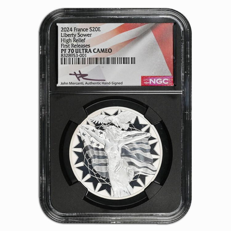 France_2024_USA_Lady_Liberty_with_American_Flag_and_John_Mercanti_Sower_Walking_Liberty_Semeuse_20_Euro_1_Troy_Ounce_Pure_Silver_HIGH_RELIEF_Proof_in_NGC_slab_holder_PF70_UCAM_First_Release_black_core
