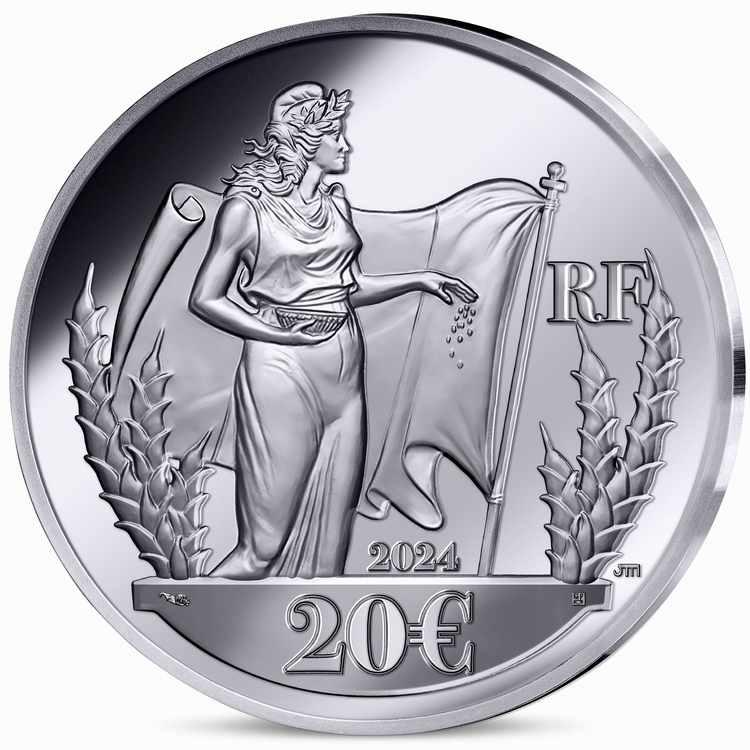 France_2024_USA_Lady_Liberty_with_American_Flag_and_John_Mercanti_Sower_Walking_Liberty_Semeuse_20_Euro_1_Troy_Ounce_Pure_Silver_HIGH_RELIEF_Proof