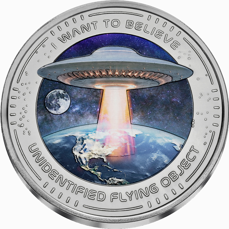 Ghana_2024_UFO_Flying_Saucer_I_Want_To_Believe_2_Cedis_1_Troy_Oz_Pure_Titanium_Proof-Like_Brilliant_Uncirculated_with_Color