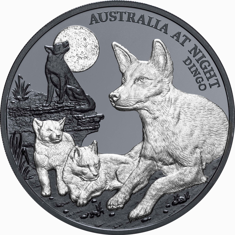 Niue_2021_Australia_at_Night_5_Dingo_Pups_$1_1_Troy_Ounce_Pure_Silver_Black_Proof