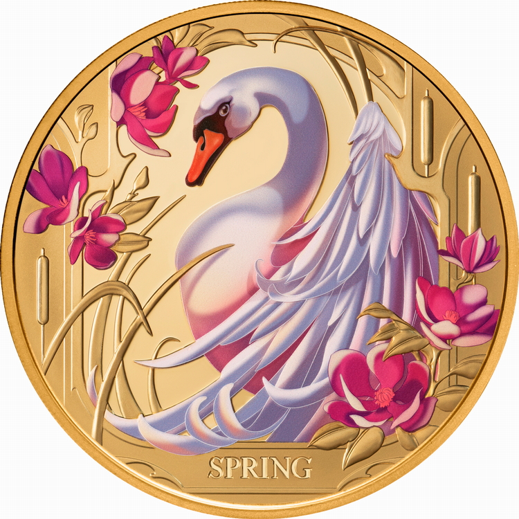 Niue_2024_Four_Seasons_2_Spring_Swan_$100_1_Troy_Ounce_Pure_Gold_Proof_with_Color_MINTAGE_99