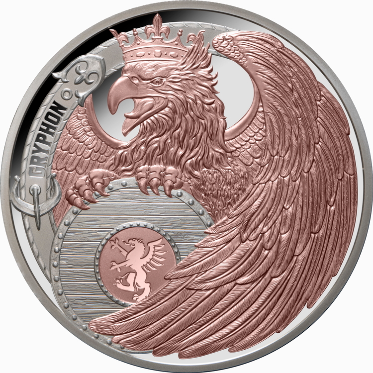 Niue_2024_Heraldic_Beasts_1_Gryphon_Griffin_$1_1_Troy_Oz_Pure_Silver_Proof_with_Rose-Gold_Plating_MINTAGE_750