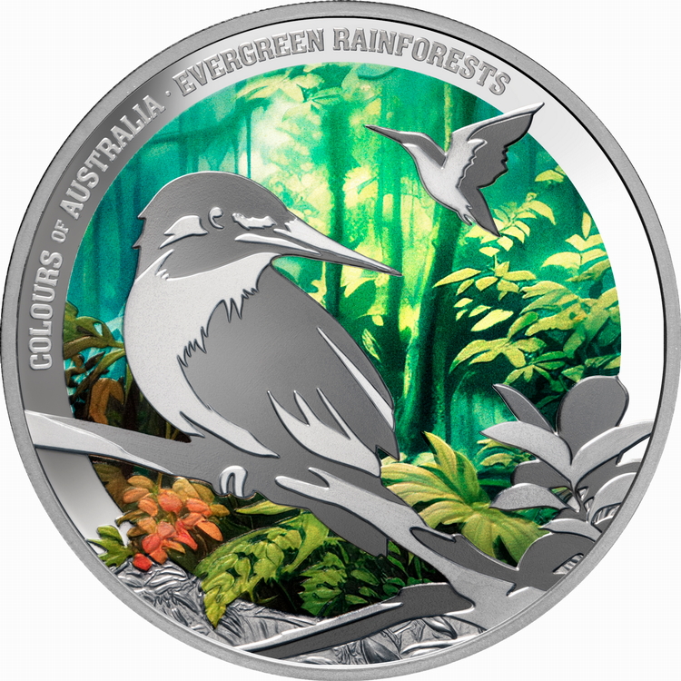 Niue_2025_Colors_of_Australia_3_Evergreen_Green_Rain_Forest_and_Kookaburras_$1_1_Troy_Ounce_Pure_Silver_Proof_with_Color