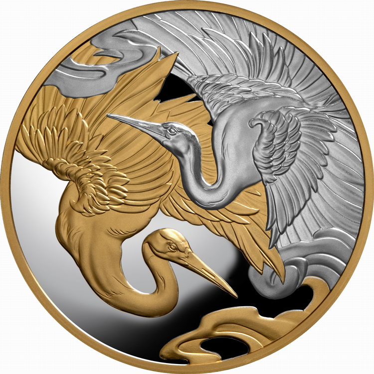 Niue_2025_Cranes_Longevity_and_Harmony_$1_1_Troy_Ounce_Pure_Silver_Gilded_Proof_with_24-Karat_Gold-Plating_MINTAGE_600