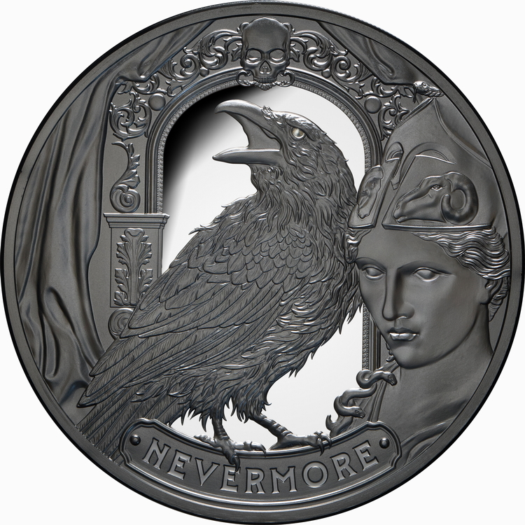 Niue_2025_The_Raven_180th_Anniversary—Nevermore—Edgar_Allan_Poe_$5_2_Troy_Oz_Pure_Silver_Black_Proof_MINTAGE_299