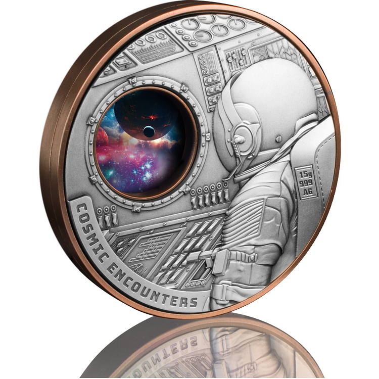 Samoa_2025_Cosmic_Encounters_Bi-Metal_$1_Bimetallic_Silver_and_Copper_ROTATING_Antiqued_75mm_MINTAGE_250