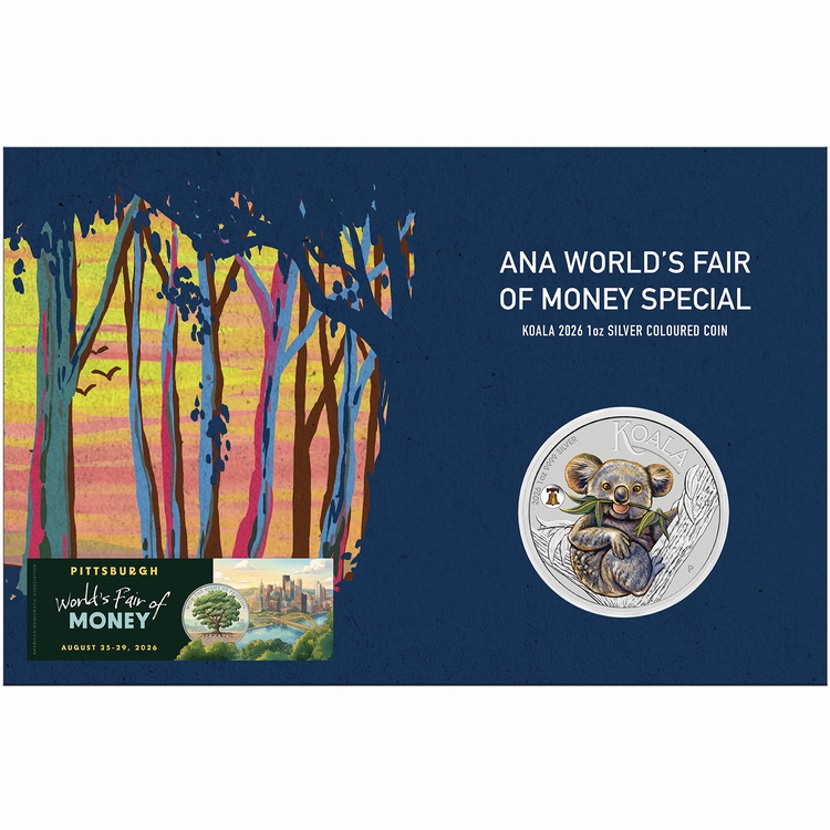Australia_2026_Koala_ANA_PIttsburgh_World_Fair_of_Money_Expo_Coin_Show_Special_$1_1_Troy_Oz_Pure_Silver_Specimen_with_Color_and_Liberty_Bell_Privy_Mark_in_Card_from_Perth_Mint_in_card