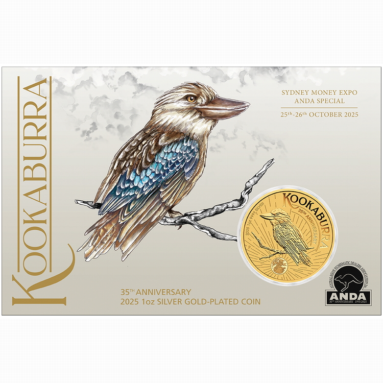 Australia_Perth_Mint_2025_Kookaburra_35th_Anniversary_ANDA_Sydney_Money_Expo_Coin_Show_Special_$1_1_Troy_Oz_Pure_Gilded_Silver_BU_in_Card Australia_Perth_Mint_2025_Kookaburra_35th_Anniversary_ANDA_Sydney_Money_Expo_Coin_Show_Special_$1_1_Troy_Oz_Pure_Gilded_Silver_BU_in_Card