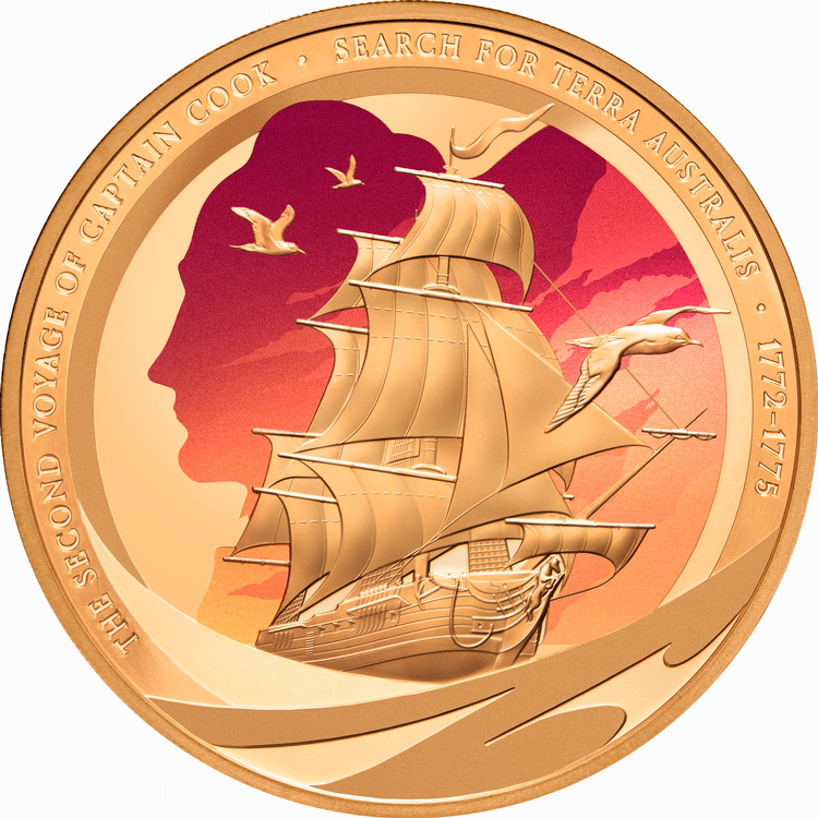 Niue_2025_Captain_James_Cook_HMS_Resolution_2nd_Voyage_1772-1775_Search_for_Terra_Australis_Australia_$100_1_Troy_Ounce_Pure_Gold_Proof_with_Color_MINTAGE_50