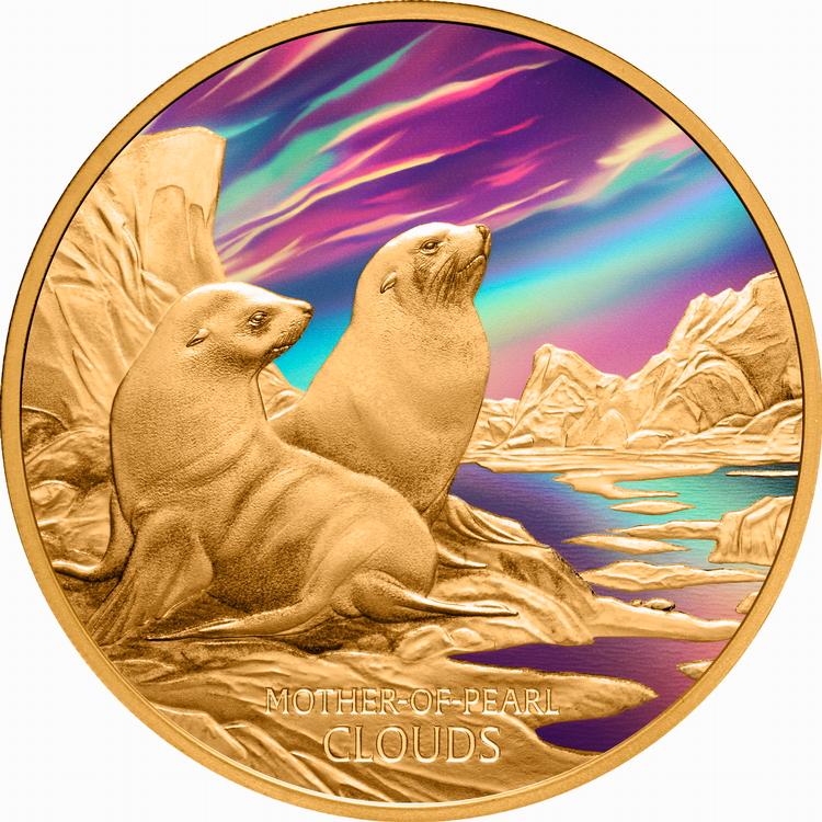 Niue_2025_Mother_of_Pearl_Nacreous_Clouds_and_Fur_Seals_$100_1_Troy_Ounce_Pure_Gold_Proof_with_Color_MINTAGE_99