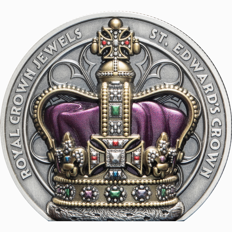 Niue_2026_British_Royal_Monarchy_Crown_Jewels_1_St_Edwards_Crown_$5_2_Troy_Ounce_Pure_Silver_Antiqued_Stand_Up_Ultra_High_Relief_Coin_with_Color_Mintage_350