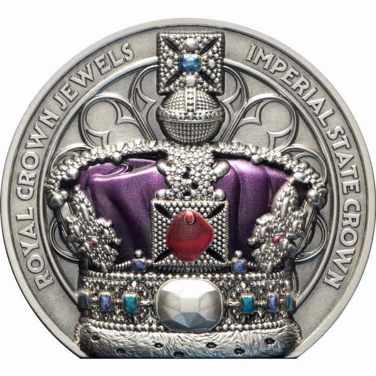 Niue_2026_British_Royal_Monarchy_Crown_Jewels_2_Imperial_State_Crown_$5_2_Troy_Ounce_Pure_Silver_Antiqued_Stand_Up_Coin_with_Color_Mintage_350