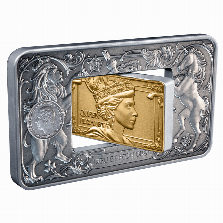 Niue_2026_Queen_Elizabeth_II_and_King_Charles_III_$5_2_Troy_Oz_Pure_Gilded_Antiqued_Silver_Revolving_Central_Panel_Rotating_Rectangular_Medallic_Plaque_Coin_with_24-Karat_Gold_Plating_MINTAGE_300