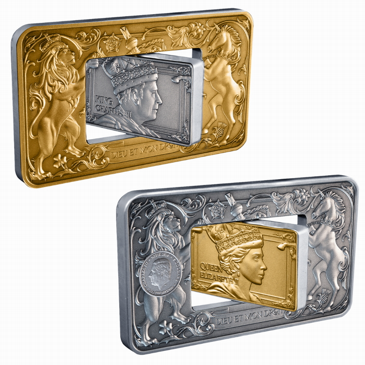 Niue_2026_Queen_Elizabeth_II_and_King_Charles_III_$5_2_Troy_Oz_Pure_Gilded_Antiqued_Silver_Revolving_Central_Panel_Rotating_Rectangular_Medallic_Plaque_Coin_with_24-Karat_Gold_Plating_MINTAGE_300