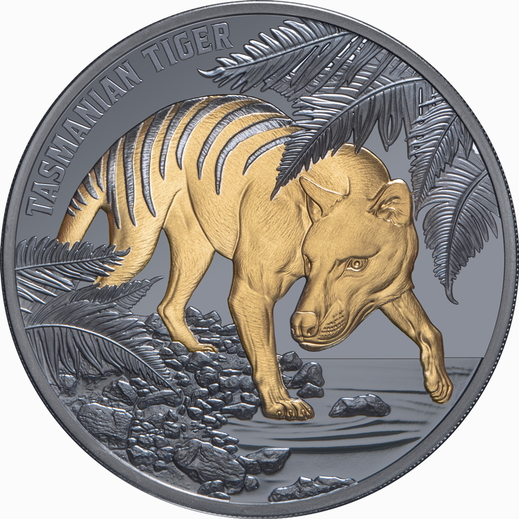 Niue_2026_Tasmanian_Tiger_Thylacine_90th_Anniversary_of_Extinction_$1_1_Troy_Oz_Pure_Silver_GILDED_BLACK_Proof_MINTAGE_750