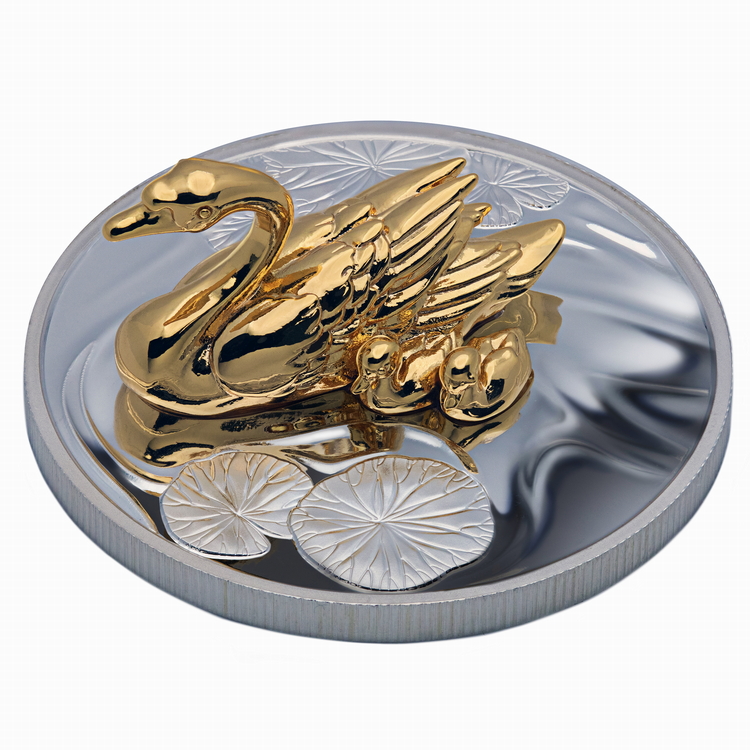 Niue_2027_Golden_Swans_$1_1_Troy_Oz_Pure_Silver_Proof_with_3D_Swans_Sculpture_MINTAGE_400