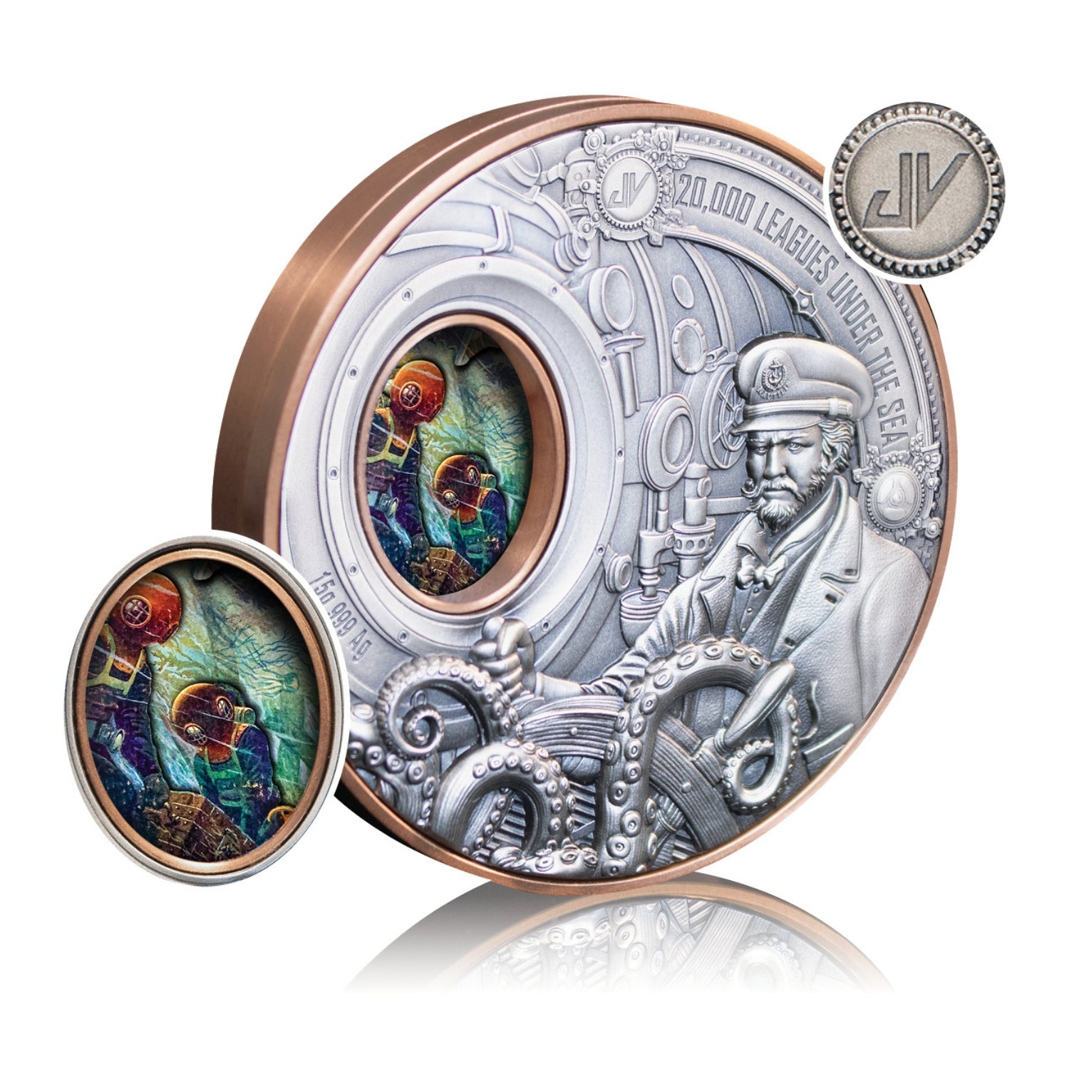 Samoa_2026_Jules_Vernes_20000_Leagues_Under_The_Sea_Captain_Nemo_Submarine_Nautilus_Bi-Metal_$1_Bimetallic_Silver_and_Copper_ROTATING_Antiqued_75mm_MINTAGE_400