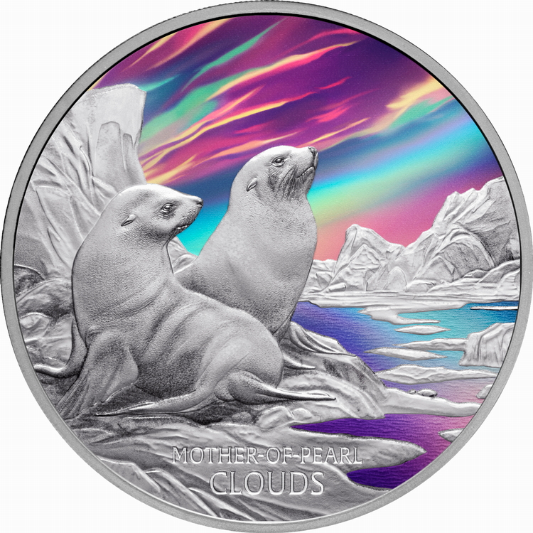 Tuvalu_2025_Mother_of_Pearl_Nacreous_Clouds_and_Fur_Seals_$1_1_Troy_Ounce_Pure_Silver_Proof_with_Metallic_Color_from_the_Perth_Mint